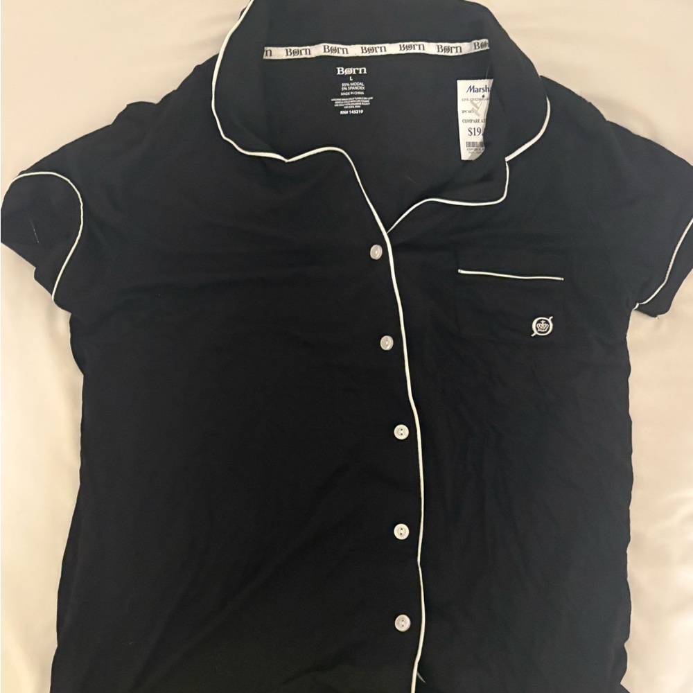 Black Short Sleeve Button-Up Pajama Shirt